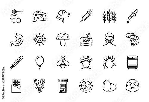 Allergy and medical line icon set featuring vector pictograms of honey, cheese, dog, syringe, wheat, stomach, eye, mushroom, bee, tick, chocolate, lobster, egg and virus.