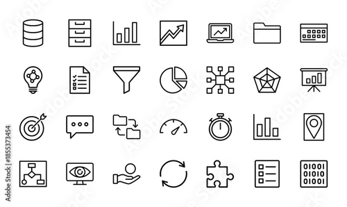 Data analytics and business management line icon set. Vector pictograms of database, dashboard, chart, folder, lightbulb, target, and flowchart, thin outline illustration.