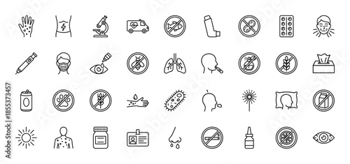 Allergy and medical line icon set. Vector pictograms of asthma inhaler, pollen, peanuts, medicine, skin rash, and breathing difficulty, thin black outline illustration.