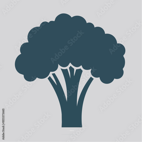 Stylized Dark Teal Broccoli Vegetable Icon on Gray Background.
