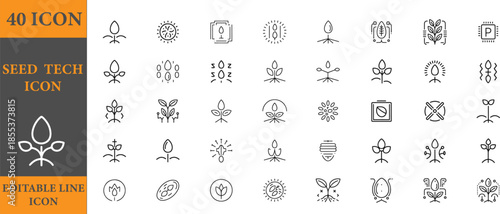 Seed technology icons set agriculture, germination, growth, and plant science line art