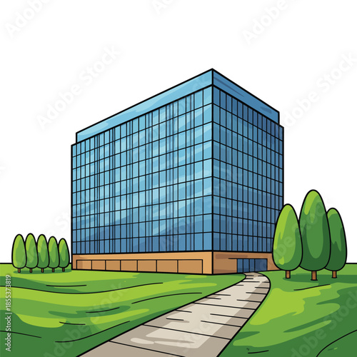 Blue Office Building with Glass Windows on Green Lawn