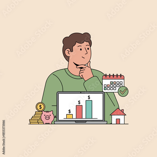 Man planning finances, investment growth, savings, calendar, house and piggy bank