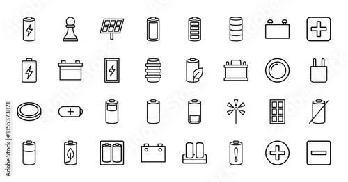 Energy and battery line icon set. Vector pictograms of alkaline cell, solar panel, power plug, windmill, charger, and renewable source, thin outline illustration.