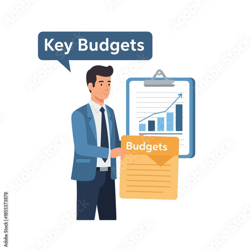 Man in suit presenting budget planning and financial growth chart