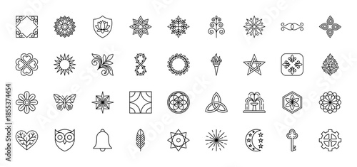 Abstract decorative line icon set. Vector pictograms of a flower, butterfly, star, sun, owl, heart, bell, feather, crescent moon, key, gear, and torch, outline illustration.