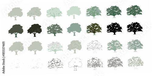 A collection of various tree silhouettes displaying differing shades and forms