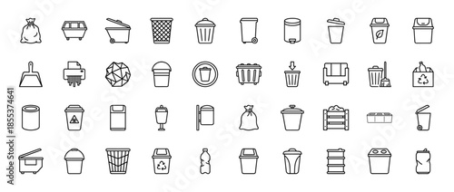 Waste management line icon set. Vector pictograms of trash cans, recycle bins, garbage bags, dumpster, shredder, barrels, and litter containers, thin outline illustration.