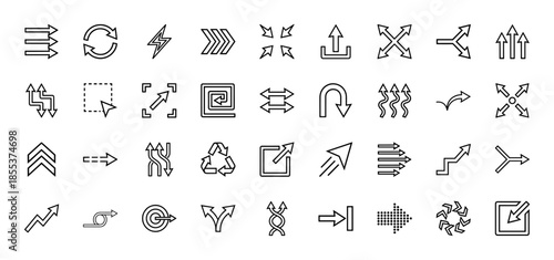 Arrow icon set. Vector pictograms of direction, recycle, shuffle, upload, expansion, zigzag, spiral, target, and split movement paths, thin outline illustration.