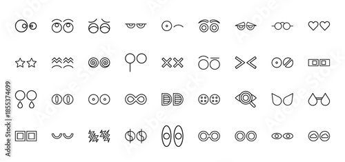 Character expression eye icon set. Vector pictograms of pupils, heart, star, swirl, glass, cross, dollar, and teardrop shapes, black thin line illustration.