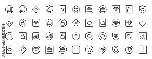 Finance and banking icon set. Vector pictograms of piggy bank, briefcase, graph, diamond, lock, and shield in various frames, thin outline illustration.
