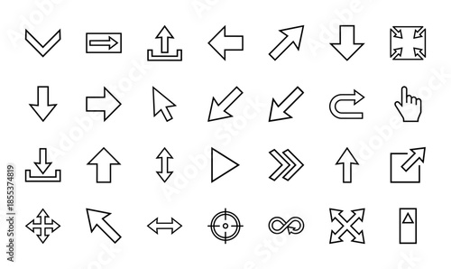 Navigation and interface line icon set. Vector pictograms of arrows, cursors, upload, download, expand, refresh, and pointer, thin black outline illustration.