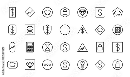 Finance and banking line icon set. Vector pictograms of dollar, piggy bank, graph, lock, diamond, safe, calculator, hourglass, shield. Thin outline illustration.
