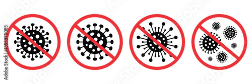 No Virus Infection Icons Set, Featuring Stop Germs, Bacteria, and Coronavirus Prevention Symbols, Red Warning Circles, Health Protection Icons