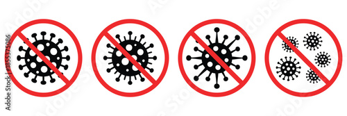 No Virus Infection Icons Set, Stop Germs, Bacteria, and Coronavirus Prevention Symbols in Red Warning Circles, Including Health Safety Alerts, Hygiene Signs, Vector Illustrations