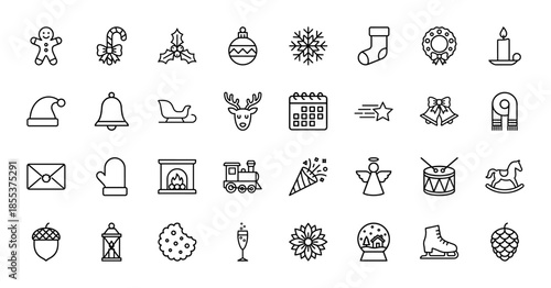 Christmas holiday line icon set. Vector pictograms of reindeer, stocking, snowflake, wreath, candle, sleigh, bell and gingerbread man. Thin outline illustration.