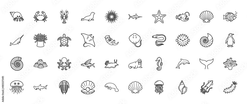 Obraz premium Marine life line icon set. Vector pictograms of crab, seal, turtle, dolphin, octopus, shark, starfish, jellyfish, seahorse, ray, whale, thin outline illustration.