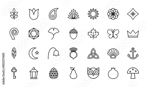Nature and mystic line icon set. Vector pictograms of leaves, flowers, butterfly, acorn, moon, star, seashell, anchor, key, owl, mushroom, thin outline illustration.