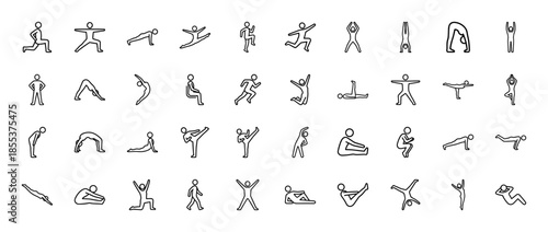 Exercise and fitness icon set. Vector pictograms of yoga poses, running, stretching, pilates, jumping, martial arts, and core training, black outline illustration.