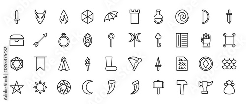 Fantasy rpg adventure line icon set. Vector pictograms of sword, shield, potion, bow, chest, dragon, castle, scroll, and magic wand, thin outline illustration.