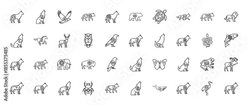 Mystic animal line icon set. Vector pictograms of wolf, bear, owl, deer, snake and lion with elemental symbols, thin outline illustration.