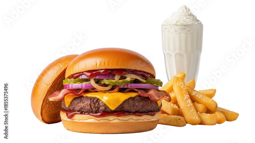 Ultimate barbeque burger set with thick cut fries and a creamy vanilla shake isolated on white background