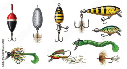 A detailed flat 2D illustration shows a vibrant collection of colorful fishing baits and lures, meticulously inspired by classic vintage tackle, isolated cleanly on a white background.