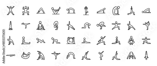 Yoga line icon set. Vector pictograms of downward dog, lotus, tree, plank, cobra, triangle, bridge, warrior, and boat poses, thin black outline illustration.
