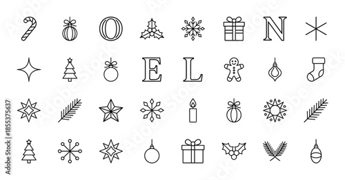 Christmas winter holiday line icon set. Vector pictograms of snowflake, gingerbread man, gift box, candle, holly, stocking, candy cane, and tree, thin outline illustration.