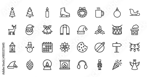 Christmas and winter holiday line icon set. Vector pictograms of pine tree, santa, reindeer, candle, wreath, snowman, ornament, bell, and sled, thin outline illustration.