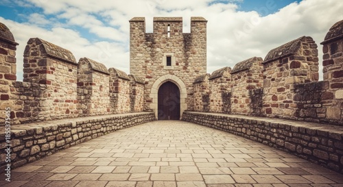 Medieval stone castle wall path leads to main fortified archway