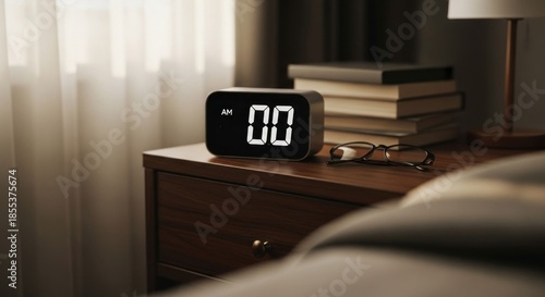 Modern digital clock on a wooden nightstand with books and glasses