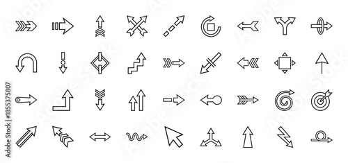 Arrow line icon set. Vector pictograms of pointers, directions, curves, loops, target, zigzag, cursor, and bifurcated paths, thin outline illustration.