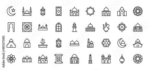 Islamic culture line icon set. Vector pictograms of mosque, lantern, crescent moon, prayer rug, geometric pattern, arch and minaret, thin outline illustration.