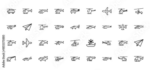 Aviation line icon set. Vector pictograms of helicopters, airplanes, paper planes, gyrocopters, dual rotor aircraft, and heavy lift transport, thin outline illustration.