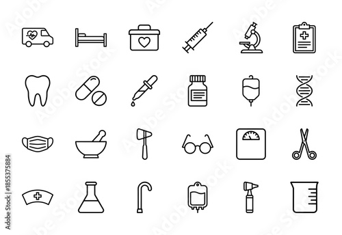 Medical line icon set. Vector pictograms of ambulance, syringe, microscope, dna, pills, mask, glasses, scale, flask, and cane, thin outline illustration.