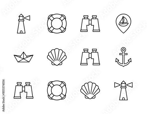 Maritime and nautical line icon set. Vector pictograms of lighthouse, lifebuoy, binoculars, boat, seashell, anchor, and paper ship, thin outline illustration.