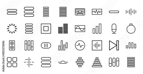 Music and audio interface line icon set. Vector pictograms of equalizer, sound wave, volume slider, microphone, speaker and player controls, thin outline illustration.