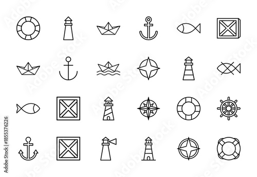 Nautical line icon set. Vector pictograms of anchor, lighthouse, ship wheel, compass, lifebuoy, fish, crate and paper boat, thin outline illustration.