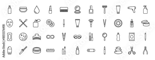 Beauty and cosmetics line icon set. Vector pictograms of lipstick, perfume, cream, mirror, hairdryer, brush, soap, spa stones and makeup, thin outline illustration.