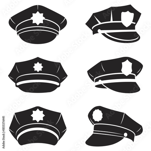 Black Police Hat Icons Set, Featuring Law Enforcement Headgear, Officer Uniform Symbols, Security and Public Safety Illustrations