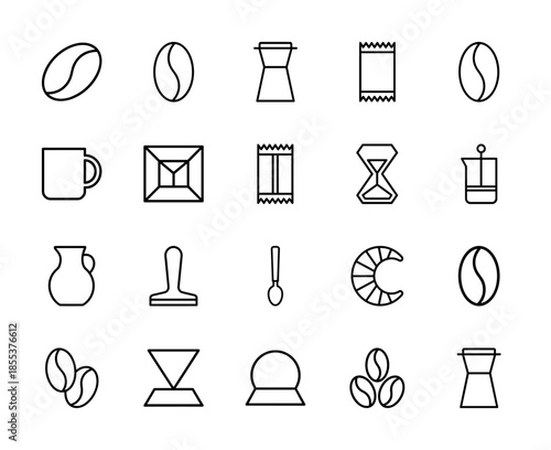 Coffee shop line icon set. Vector pictograms of beans, mug, french press, tamper, croissant, hourglass, grinder and brewing equipment, thin outline illustration.