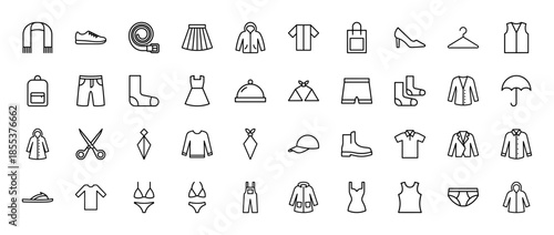 Clothing and apparel line icon set. Vector pictograms of shirt, dress, pants, shoes, jacket, underwear, hat, swimwear, accessories, thin outline illustration.