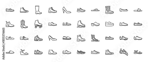 Footwear line icon set. Vector pictograms of sneakers, boots, heels, sandals, loafers, oxfords, skates, slippers and athletic shoes, thin outline illustration.