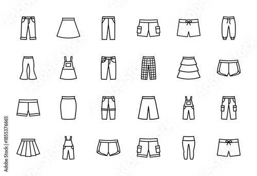 Fashion clothing line icon set. Vector pictograms of pants, shorts, skirts, overalls, trousers, jeans, leggings, and swim trunks, thin outline illustration.