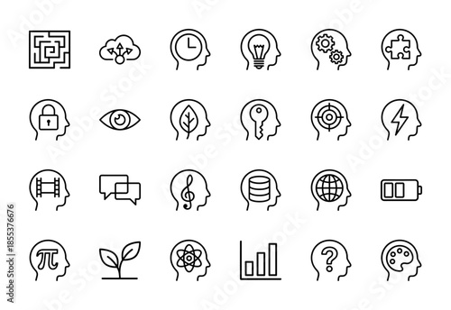 Psychology and cognitive process icon set. Vector pictograms of brain, lightbulb, gears, puzzle, target, data, music, and art, thin black line outline illustration.