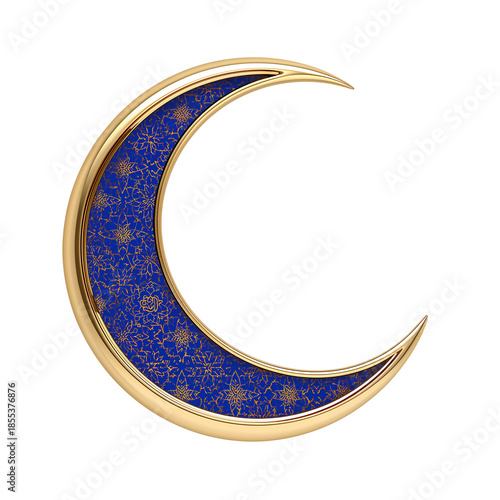 Luxury Gold Crescent Moon with Blue Floral Arabesque Pattern