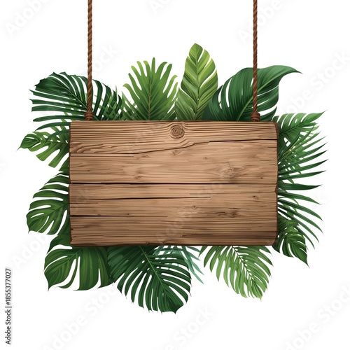 Minimalist Wooden Sign with Tropical Foliage Border