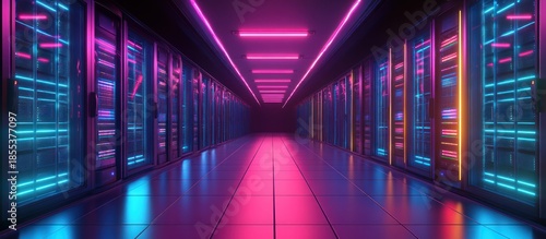 Neon-lit server room corridor; data center; technology