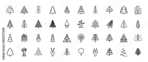 Tree line icon set. Vector pictograms of pine, fir, spruce, oak, baobab, willow, christmas symbols, geometric shapes, forest and nature elements, thin outline illustration.